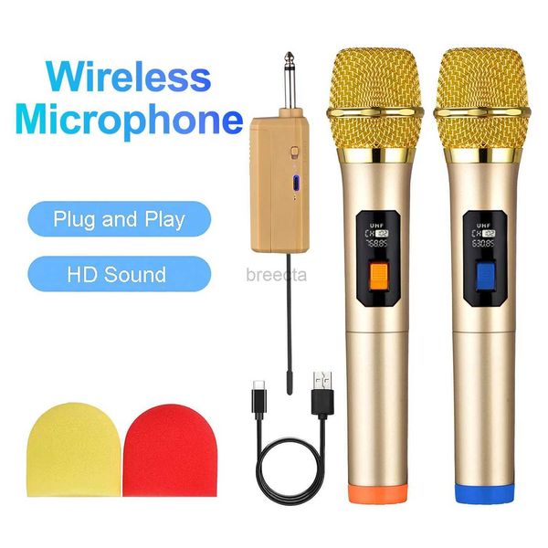Microphones Dual Dynamic Golden Wireless Microphone System avec récepteur rechargeable pour karaoké Singing DJ Microphone Church Wedding 240408