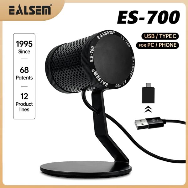 Microphones Ealsem 700 USB Condenser Alletal Microphone pour PC et Mac, téléphone, streaming, enregistrement de la radio, des jeux, YouTube,