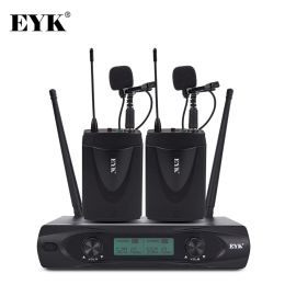 Microfoons EYK E220U UHF Dual -kanalen Draadloze microfoon 2 Bodypack -zender met headset en Lavalier Rapel Mic voor kerkelijke spraak
