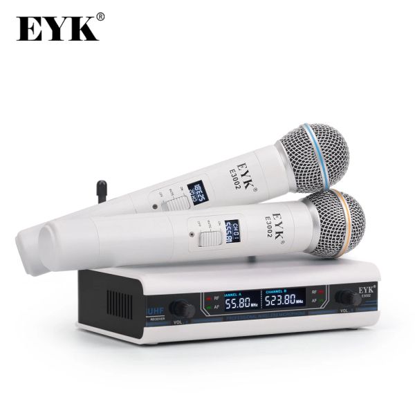 Micrófonos Eyk E3002 Professional UHF Karaoke Sistema de micrófono de micrófono de largo alcance Transmisor de micrófono de mano dual de metal con función muda