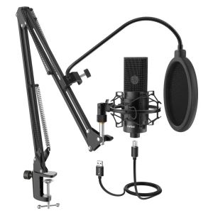 Micrófonos Fifine USB Condenser PC Micrófono con montaje de choque de brazo de micrófono de escritorio ajustable para voces de grabación de estudio Audio Vidoe Audio