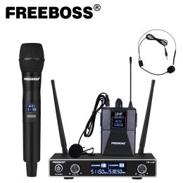 Microphones Freeboss FBU35H Dual Way UHF Fréquence Freecd Wireless System Système de fil sans ordinateur + revers + casque pour le microphone de karaoké