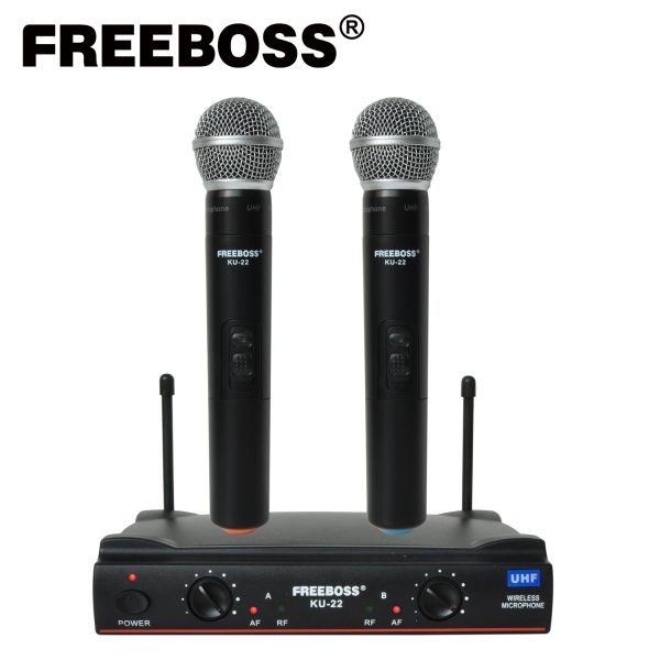 Micrófonos Freeboss KU22N 50M Rango de trabajo Dual Channel 2 Transmisor de micrófono de mano Karaoke profesional Sistema de micrófono inalámbrico UHF