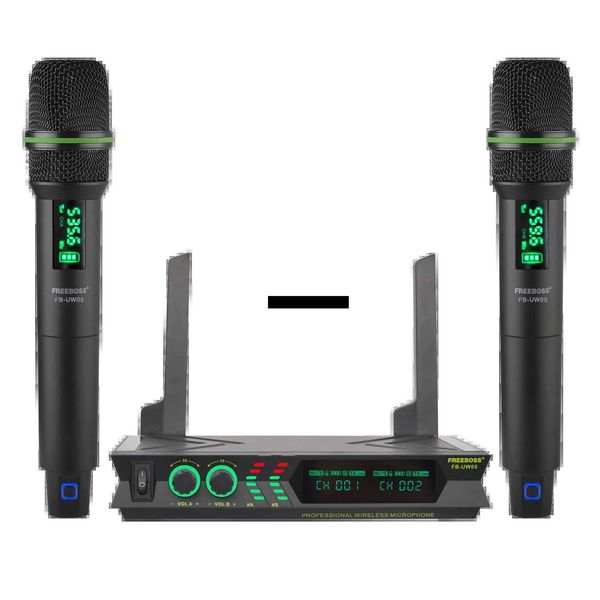 Micrófonos Freeboss UHF Sistema de micrófono inalámbrico con 48 Frecuencia de mano ajustable 2 Handheld 28m Transmisor de karaoke de plástico dinámico FB-UW05Q