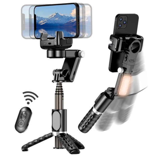 Microphones Stabilitateur de cardan pour smartphone, trépied de bâton de selfie à 2 axes avec suivi du visage, rotation à 360 °, 4 en 1 portable