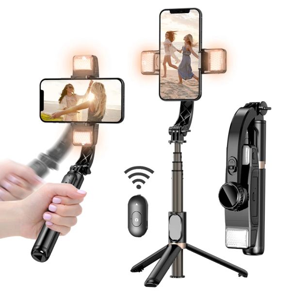 Microphones stabilisateur de cardan avec bâton de selfie pour iPhone peut faire pivoter les doubles lumières portables gimbles portables avec télécommande de trépied