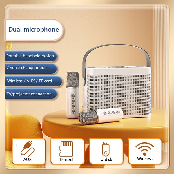 Microphones Machine de karaoké KTV sans fil portable avec double microphone Haut-parleur mobile compatible Bluetooth Portable Mini Enceinte 230725