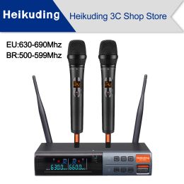 Microphones Heikuding IRA320U 630690MHz 2x100 canaux UHF réglables, scan automatique, matériau dynamique de microphone sans fil professionnel à double fil