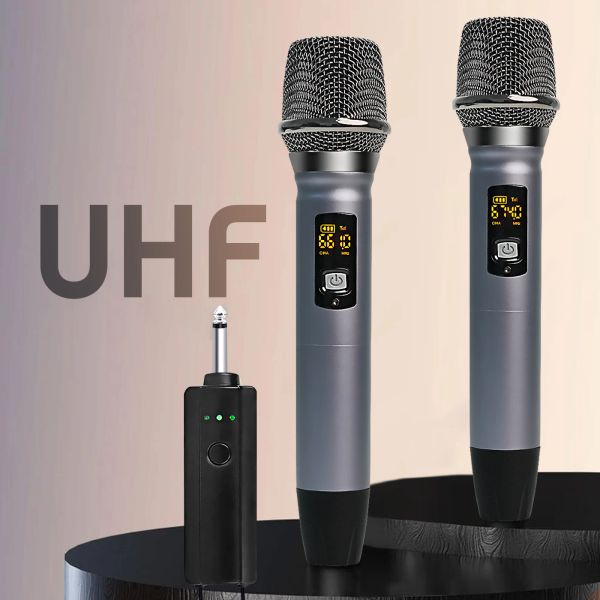 Micrófonos Heikuding Professional Wireless Micrófonos para canto de karaoke, micrófono dinámico dual UHF recargable, receptor UHF de 164 pies