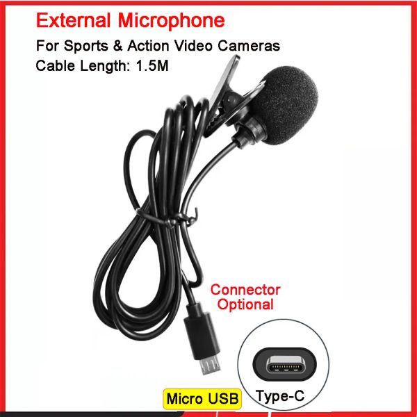 Micrófonos Micrófono externo de alta fidelidad para cámara Go impermeable Pro Sport Cámara de acción Conector Micro USB/typec Longitud del cable 1,5 m