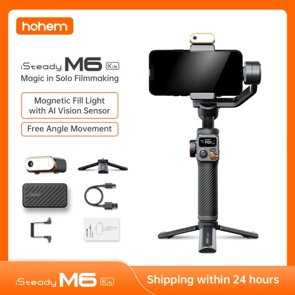 Microphones Hohem Isteady M6 Trépied de stabilisateur de cardan Handhed Gimbal pour smartphone avec un éclairage vidéo de remplissage magnétique AI Éclairage vidéo en pleine couleur