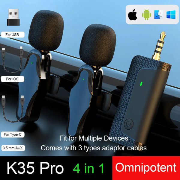 Micrófonos K35/Pro Wireless Mic Lavalier Micro Mini Mini Professional Micrófono para la cámara Celular Registro de teléfonos móviles Altavoc