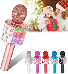 Microphones Microphone de karphone pour les enfants chant, 5 sur 1 microphone Bluetooth sans fil avec des lumières LED