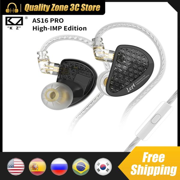 Microphones KZ AS16 Pro câlin câblé 3,5 mm Plug dans les écouteurs d'oreille Annulation du casque de fer en mouvement pur pour HiFi Ergonomique Ergonomique