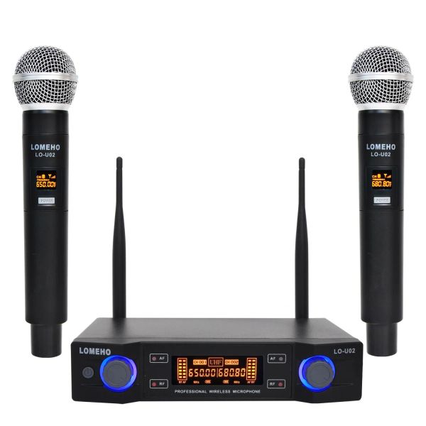 Micrófonos LOU02 UHF de largo alcance de doble canal 2 transmisor de micrófono de mano profesional Karaoke UHF sistema con micrófono inalámbrico
