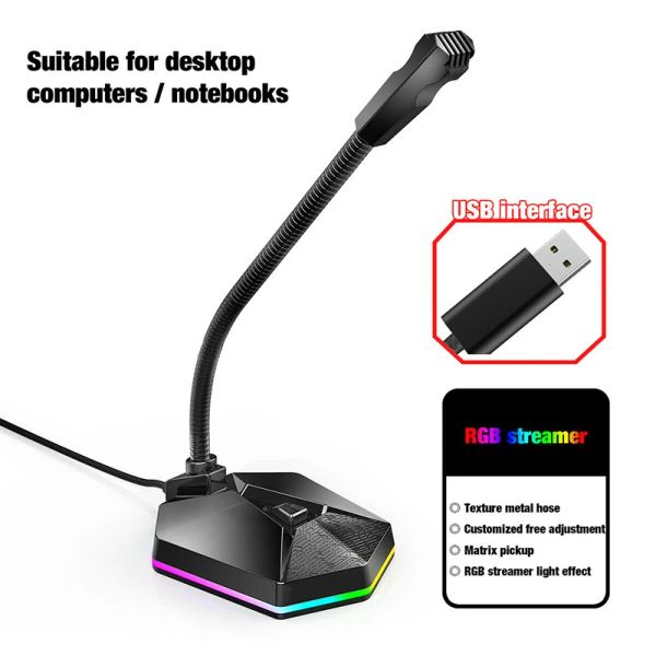 Micrófonos más nuevos USB RGB Light Micrófono de alta calidad Mic Mic Mic de escritorio Condensador de juegos Micrófono para la transmisión de laptop de PC