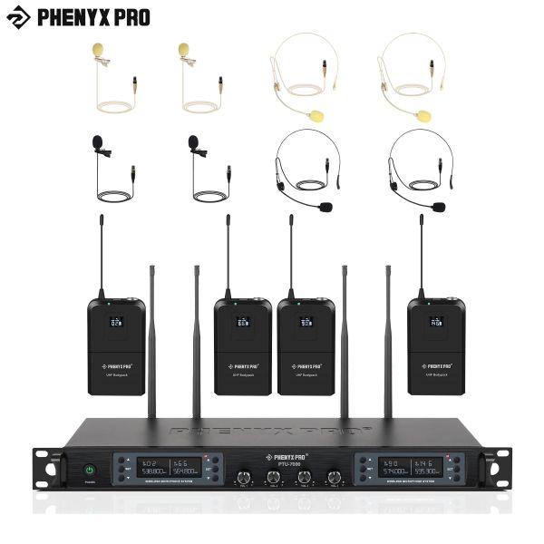 Microphones Phenyx Pro 4x40 canaux Système de microphone sans fil Ensemble micro sans fil SCAN AUTO 328 pieds / m Couverture pour les événements de l'église DJ PTU7000