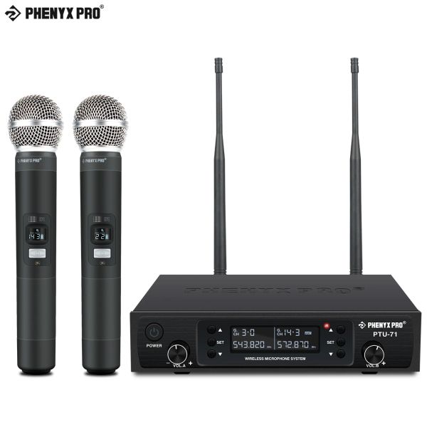 Micrófonos Phenyx Pro UHF Profesional Sistema de micrófono inalámbrico dual ajustable para actuaciones en etapa construcción de metal resistente 328 pies 99m PTU71