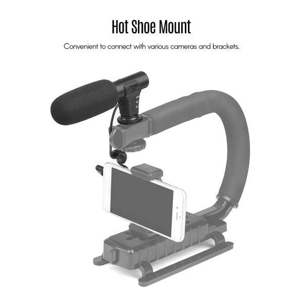 Micrófonos condensador portátil micrófono estéreo con soporte de calzado caliente de jack de 3,5 mm para canon sony nikon videocámina dv entrevista