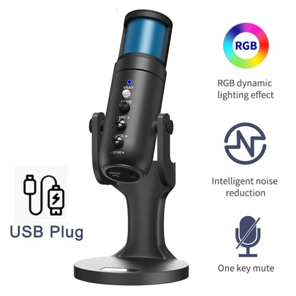 Microphones Profession Microphone Microphone Ampligame RVB Light USB Microphone pour PC Computer Recording Studio Streaming Singing Gaming micro