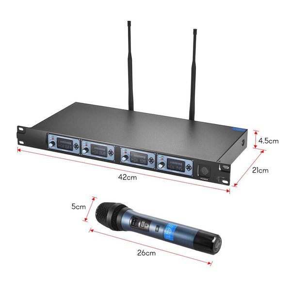 Microphones Professional 4Channel UHF Système de microphone à main sans fil avec un microphone à main le récepteur sans fil Définir l'écran LCD numérique