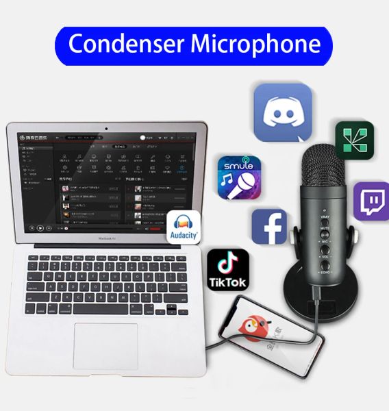 Microphones Professional Condenser Microphone Studio enregistrer des microphones de table Mic USB Mic pour PC Gaming pour ordinateur portable chantant du flux en direct
