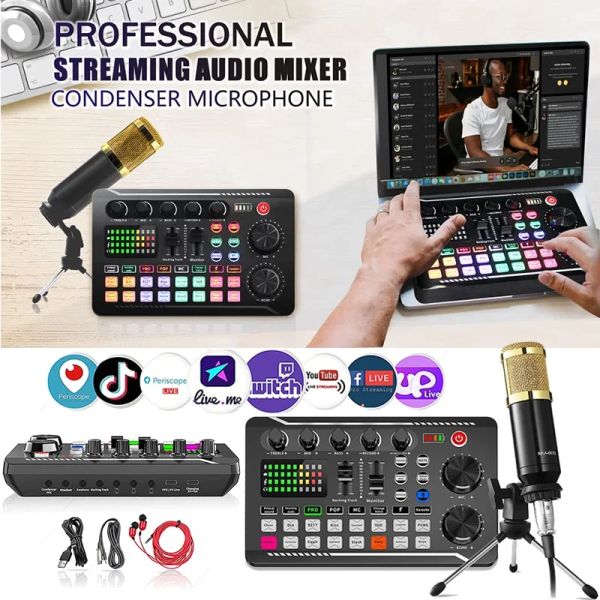 Microphones Professional DJ Audio Interface Mixer Portable ALLINONE PODCAST Production Studio avec microphone XLR pour le streaming en direct