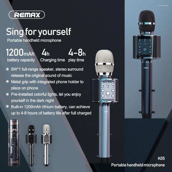 Microphones REMAX Microphone de karaoké sans fil Portable Mini Bluetooth Accueil KTV Lecteur de musique et haut-parleur chantant K05