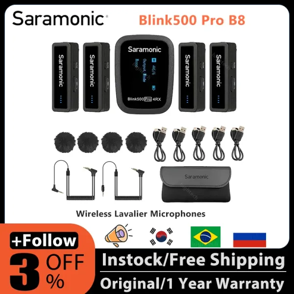 Micrófonos Saramonic Blink500 Pro B8 4 canal inalámbrico Micrófonos lavalier para cámaras Vuestro DSLR Micel de solapa inalámbrica para vLog de video Vlog