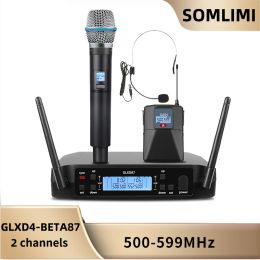 Microfoons Somlimi 500599MHz GLDBET87 Professionele draadloze microfoon Dual Channel Speech Lesstadium Performance Headset Lavalier