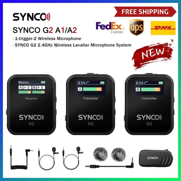 Micrófonos Synco G2 A1/A2 Condensador Sistema de micrófono Mic Mic Mic Lavalier para la cámara DSLR de teléfonos inteligentes Monitoreo en tiempo real de 70 m de transmisión