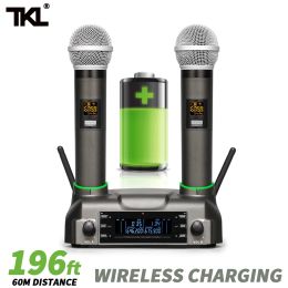 Microphones Système de microphone sans fil à double fil TKL 100 canaux UHF 2 canaux Mic de poche avec charge pour la maison de chant Karaok 60m