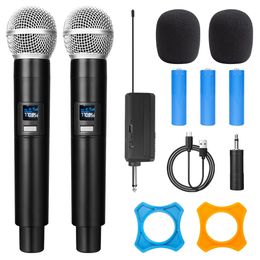 Microfoons UHF Wireless Dual Handheld Dynamic Microfoon Karaoke met oplaadbare ontvanger voor Wedding Party Speech Speech Church Club 230816