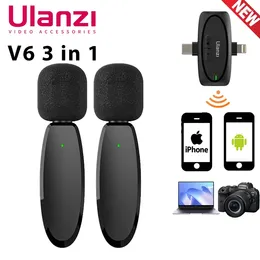 Microfoons Ulanzi V6 3-in-1 draadloze lavalier-microfoon Type C Lightning 3,55 mm poort Draagbare audio-video-opname Mini-microfoon voor telefoon