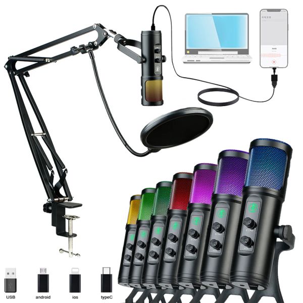 Micrófonos colgantes USB iOS tipo C Android RGB Gaming Micrófono en PC Mac Salida de auriculares Micón de botón Touchmute para grabar la transmisión
