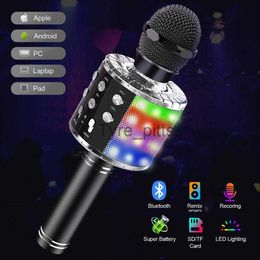Microphones Microphone karaoké sans fil 4 en 1 Microphone Bluetooth pour enfants avec lumières LED Haut-parleur Fonction d'enregistrement Remix x0717