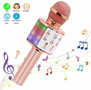 Microphones Microphone de karaoké sans fil Bluetooth Haut-parleur portable de poche Lecteur KTV avec danse LED Lumières Fonction d'enregistrement pour les enfants 221115