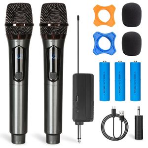 Microphones Microphone sans fil 2 canaux UHF double dynamique portable avec batterie Rechargeable 2000 mah pour AMP karaoké mariage PA 231204