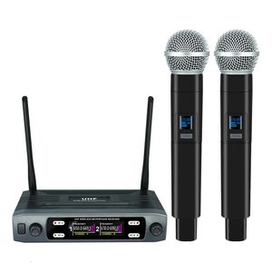Microphones Microphone sans fil portable double canaux UHF fréquence fixe micro dynamique pour karaoké fête de mariage bande église spectacle 231204