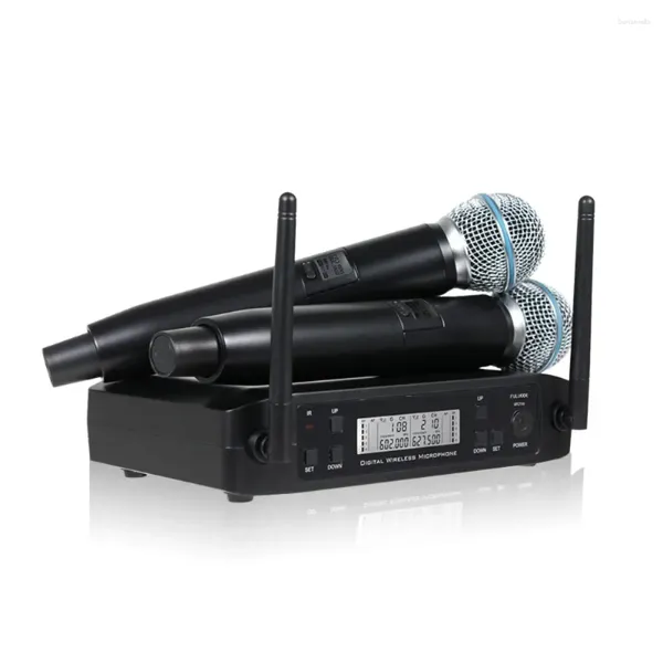 Micrófonos Micrófono inalámbrico de mano de doble canal de frecuencia ultra alta fijo dinámico Karaoke banda de fiesta de boda