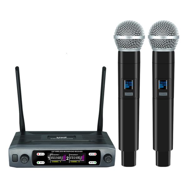 Microphones Microphone sans fil portable double canaux UHF fréquence fixe micro dynamique pour karaoké fête de mariage bande église spectacle 221114