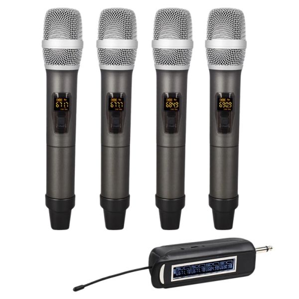 Microphones Système de Microphone sans fil, ensemble de microphones sans fil UHF à 4 canaux avec quatre microphones portables pour les mariages karaoké