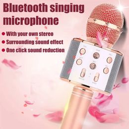 Microphones WS858 Microphone karaoké pour enfants chantant 5 en 1 Microphone Bluetooth sans fil avec lumières LED Machine micro Portable haut-parleur 231109