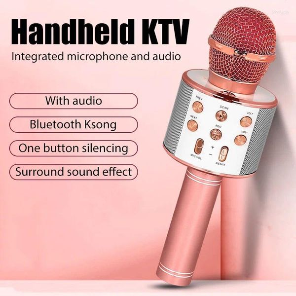 Microphones WS858 Microphone karaoké pour les enfants chantant 5 en 1 Bluetooth sans fil avec des lumières LED