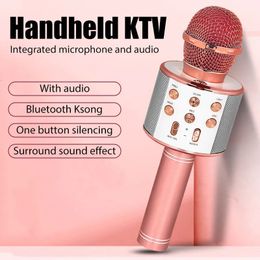 Microphones WS858 Microphone pour enfants chantant 5 en 1 Microphone Bluetooth sans fil avec lumières LED Machine Portable micro haut-parleur cadeaux 231123