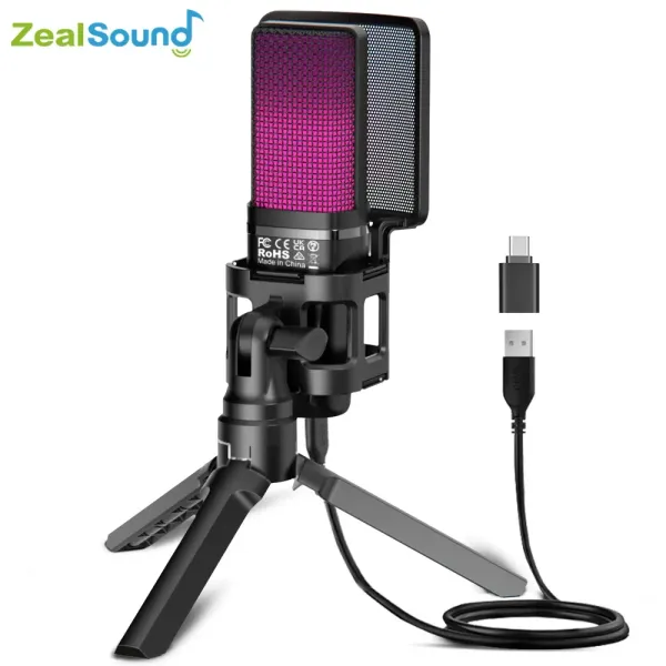 Micrófonos Zealsound RGB USB Gaming Condenser Micrófono para PC PS4 PS5 Mac con filtro pop y salida de auriculares, micrófono para computadora portátil/computadora