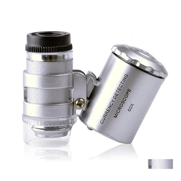 Microscope et accessoires 2021 Loupe Mini 60X Détection de monnaie portable avec LED UV Couleur de la lumière Boîte de détail Drop Livraison Offi Dh2VK