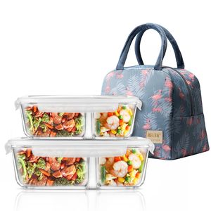 Magnetron glazen lunchbox met scheidingslijn, deksel, tas; Maaltijd Prep Glas Voedselopslagcontainers met 2 compartimenten; Lunchcontainer C18112301