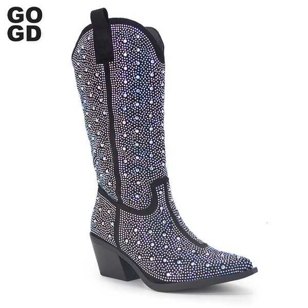 Mid-Calf Western Rhinestone Boots Womens Gogd 558 Cowboy Cowboy Fashion Shiny Toe Points Zipper Sexy High Heels 240407 151