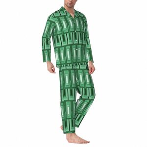 Mid-century Pant Art Pyjama Mannen Groene Rechthoeken Zachte Vrije tijd Nachtkleding Lente 2 Stuks Casual Losse Oversize Pyjama Sets G0xs #